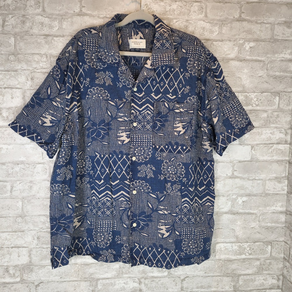 American‎ Eagle Shirt Batik Pattern Blue White Cotton Camp Boho Large